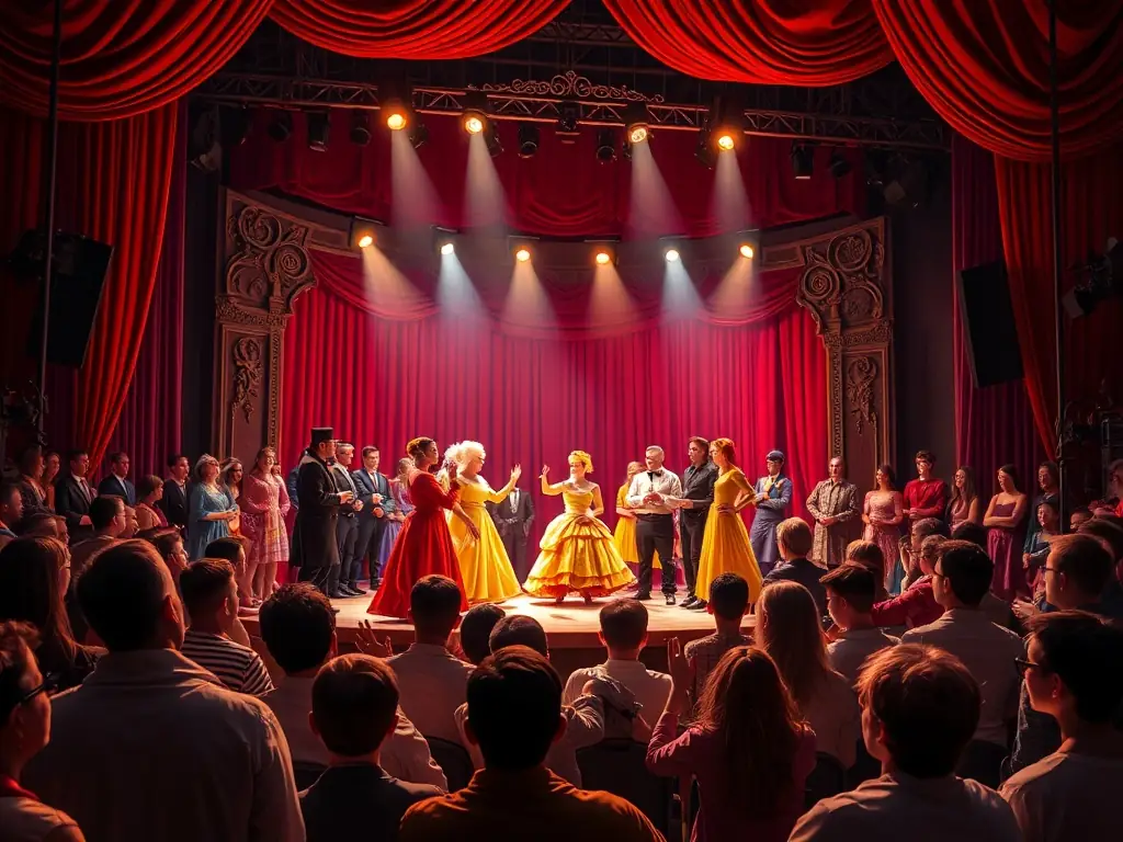 A photograph capturing the excitement of a live theatrical performance, with actors on stage in colorful costumes and dynamic lighting, set against a backdrop of an enthusiastic audience.