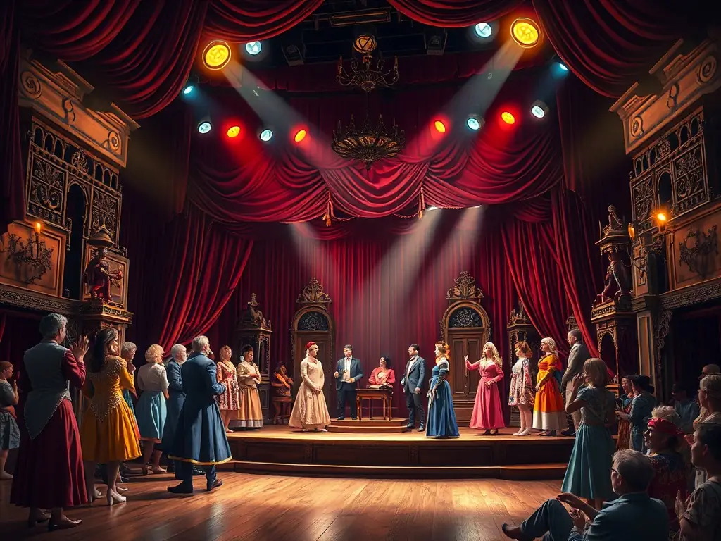A photograph of a past theatrical production by LE SOUS MARIN LES PRODUCTIONS DU SOUS MARIN, showcasing the set design and costumes.