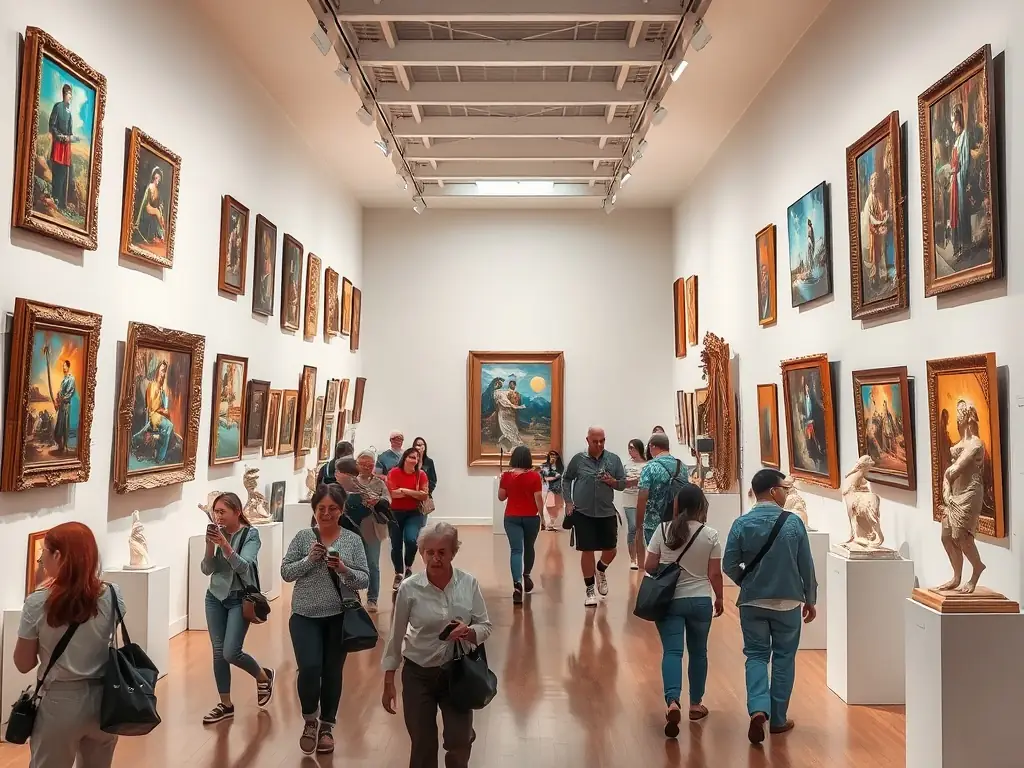 A photograph of an art exhibition, featuring various artworks displayed in a gallery setting, with people admiring and engaging with the art, representing the art exhibitions organized by LE SOUS MARIN.