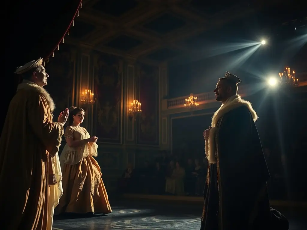 A photograph capturing a dynamic theater performance, showcasing actors in costume on stage with dramatic lighting, representing the theatrical productions of LE SOUS MARIN.