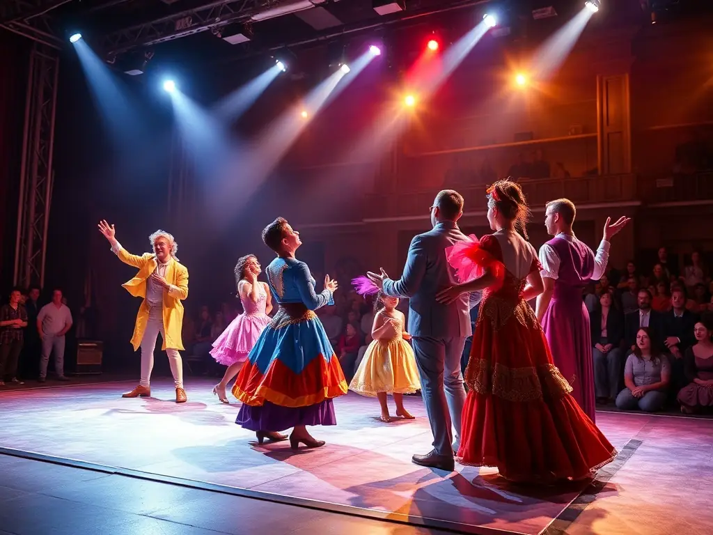 A vibrant photograph capturing a live performance during one of LE SOUS MARIN's theatrical productions, showcasing actors in costume on stage with dynamic lighting.