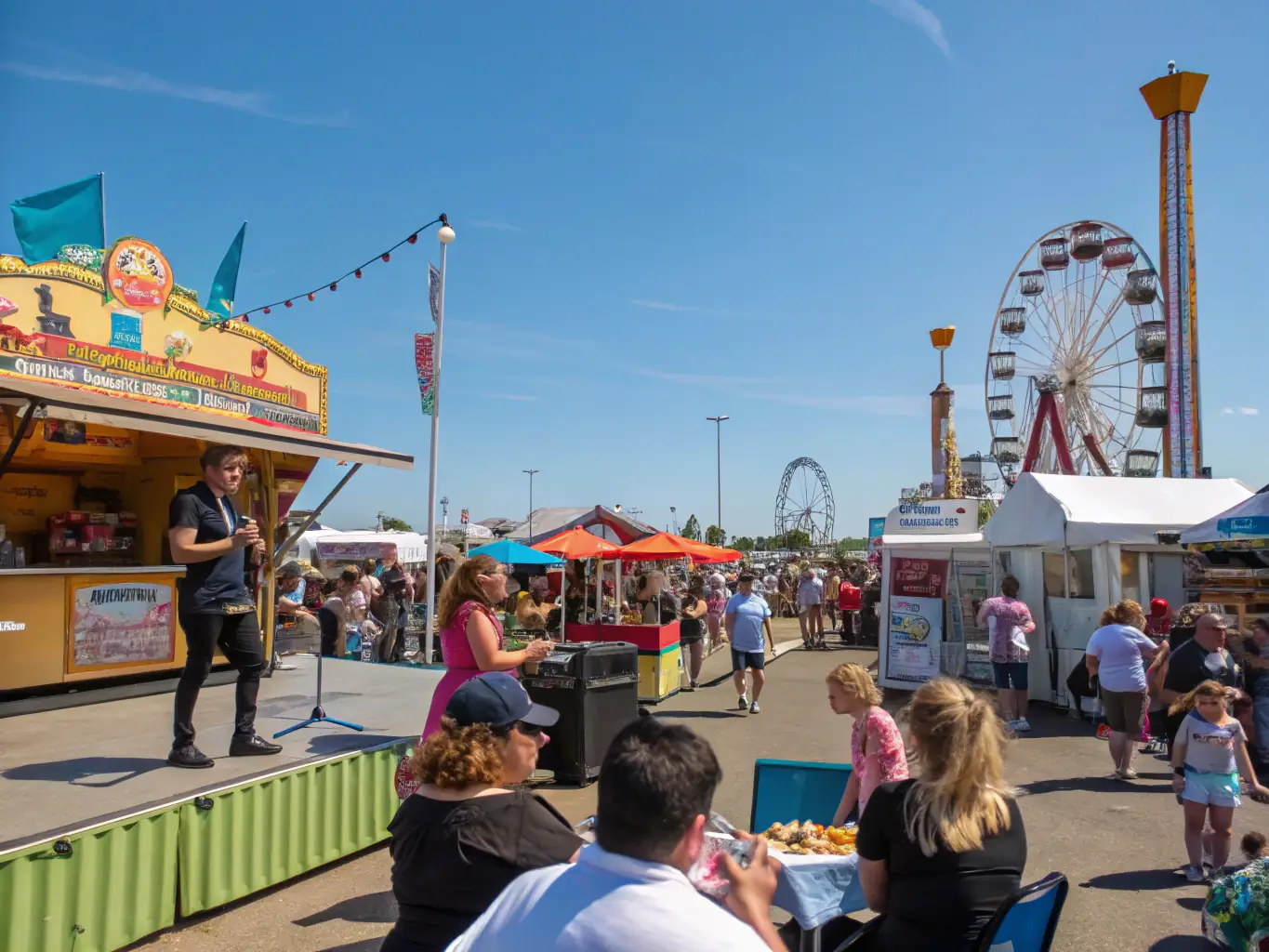 A photograph of a community cultural festival organized by LE SOUS MARIN LES PRODUCTIONS DU SOUS MARIN, featuring diverse cultural performances, food stalls, and community members enjoying the festivities, highlighting the organization's role in promoting cultural experiences.
