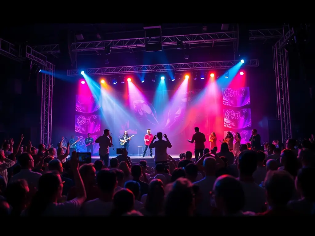 A vibrant image showcasing a live performance with artists on stage, colorful lighting, and an engaged audience, capturing the energy and excitement of a LE SOUS MARIN LES PRODUCTIONS DU SOUS MARIN event.