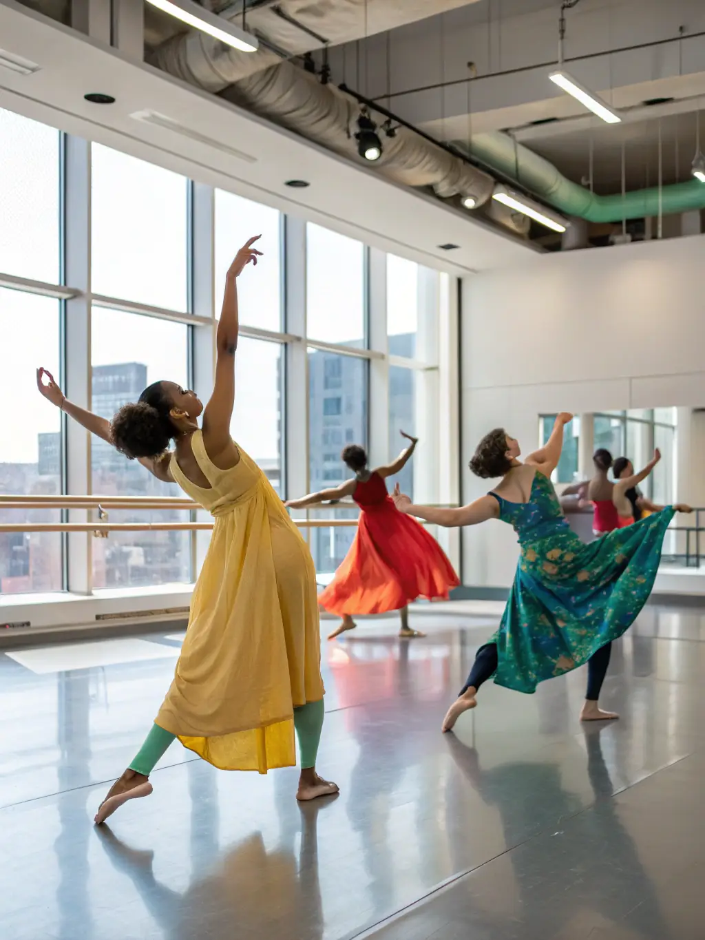 A photograph of a dance workshop organized by LE SOUS MARIN, featuring participants learning contemporary dance moves in a studio setting, with an experienced instructor leading the session. This image will be used to promote the event and attract participants.