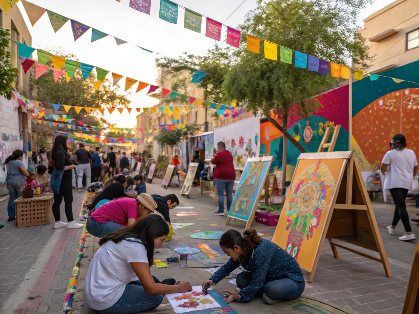 A photograph showcasing an outdoor community art festival, with various art installations, food stalls, and people of all ages enjoying the vibrant atmosphere.