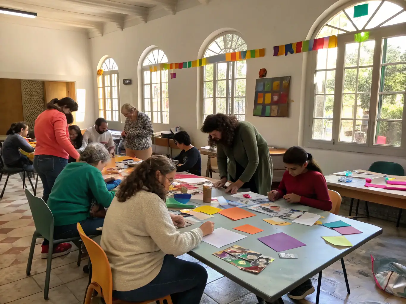 A lively photograph of a community arts workshop organized by LE SOUS MARIN, showing participants engaged in a hands-on creative activity.