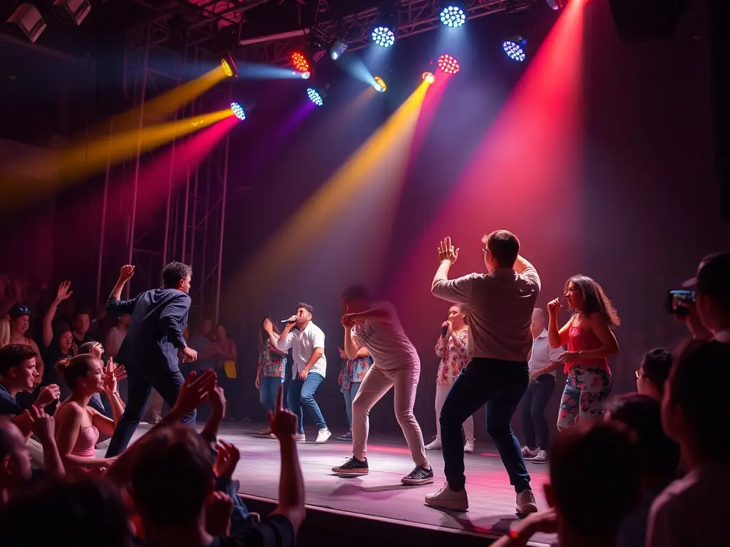 A vibrant photograph capturing the energy of a past LE SOUS MARIN LES PRODUCTIONS DU SOUS MARIN event, featuring performers on stage and an engaged audience.