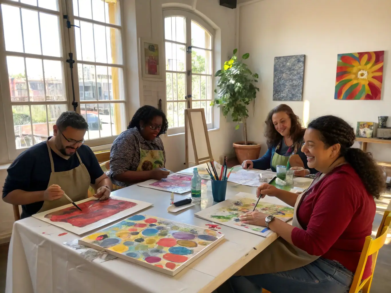 An image depicting a collaborative art workshop with participants actively engaged in creating artwork, surrounded by art supplies and a supportive atmosphere, reflecting LE SOUS MARIN LES PRODUCTIONS DU SOUS MARIN's commitment to creative collaboration.