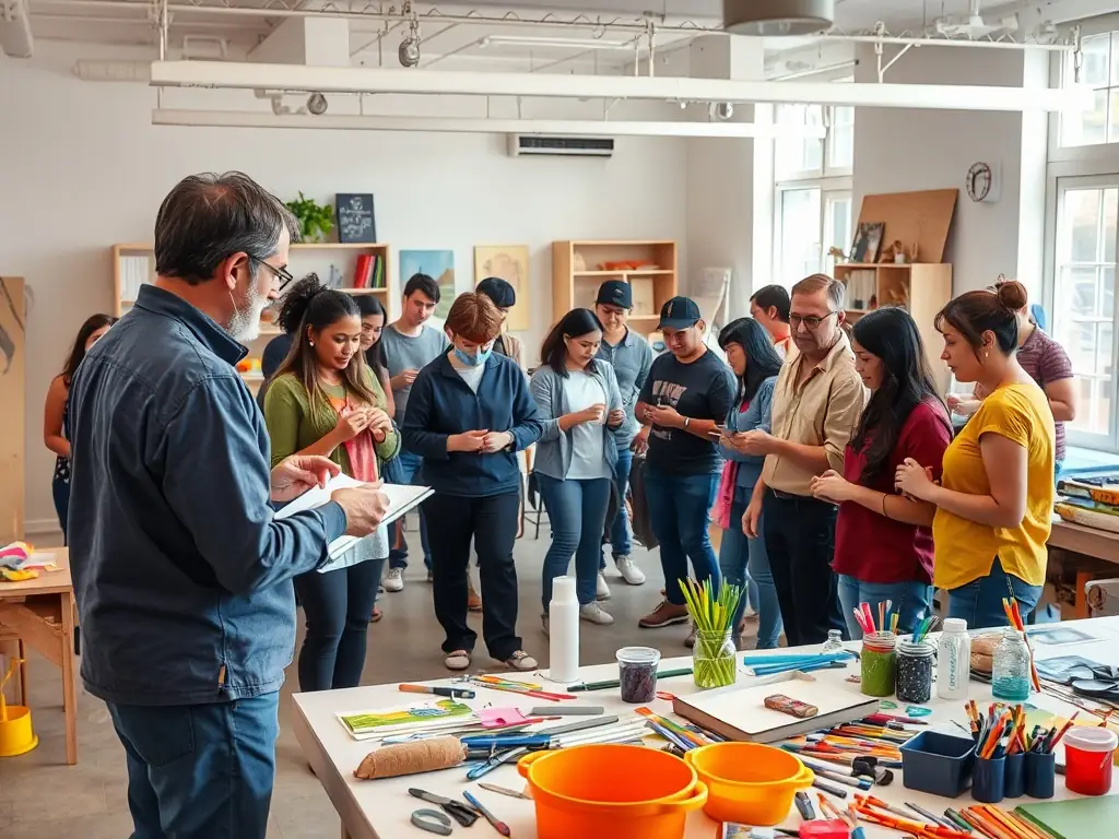 A photograph of a community workshop, showing participants actively engaged in a hands-on art activity, with instructors guiding them, representing the community workshops organized by LE SOUS MARIN.