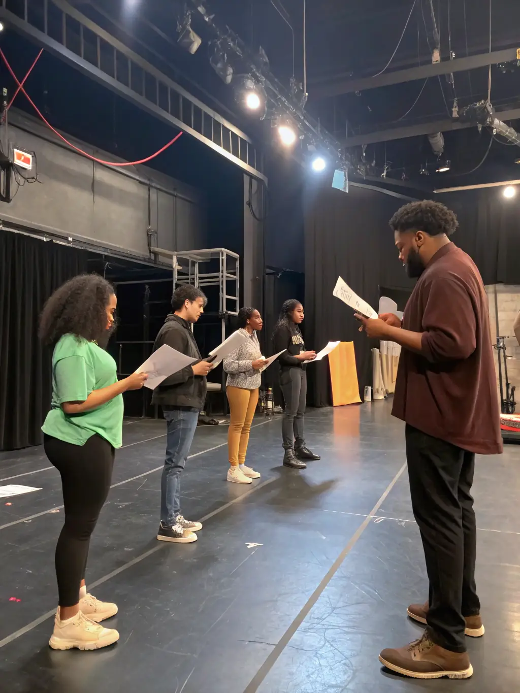A vibrant photograph capturing a rehearsal scene for an upcoming theatrical performance by LE SOUS MARIN, showcasing actors in costume on stage, with the director providing guidance in the background. This image will be used to promote the event and attract audience members.