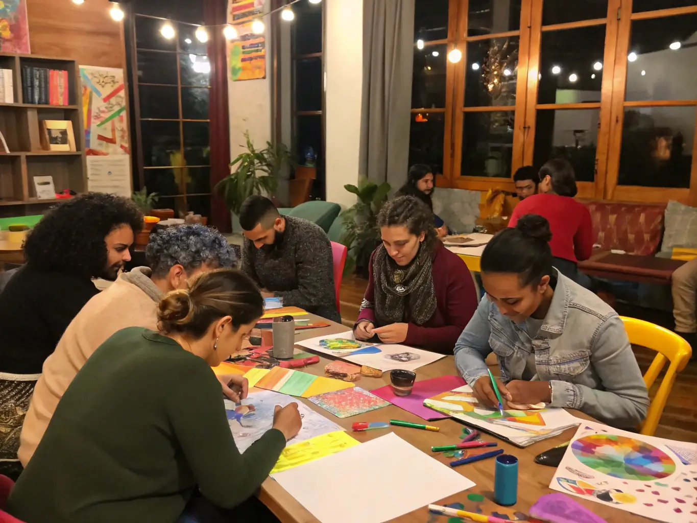 A photograph capturing a workshop led by LE SOUS MARIN LES PRODUCTIONS DU SOUS MARIN, showing participants actively engaged in a creative activity.
