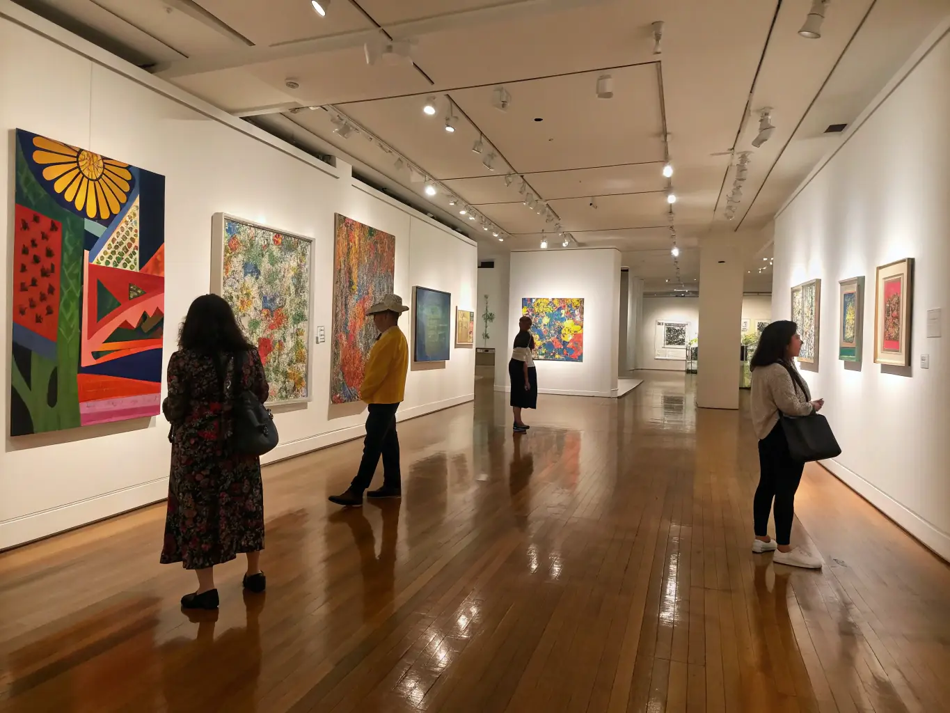 A colorful image depicting an art exhibition hosted by LE SOUS MARIN, featuring various paintings and sculptures with people admiring the artwork.