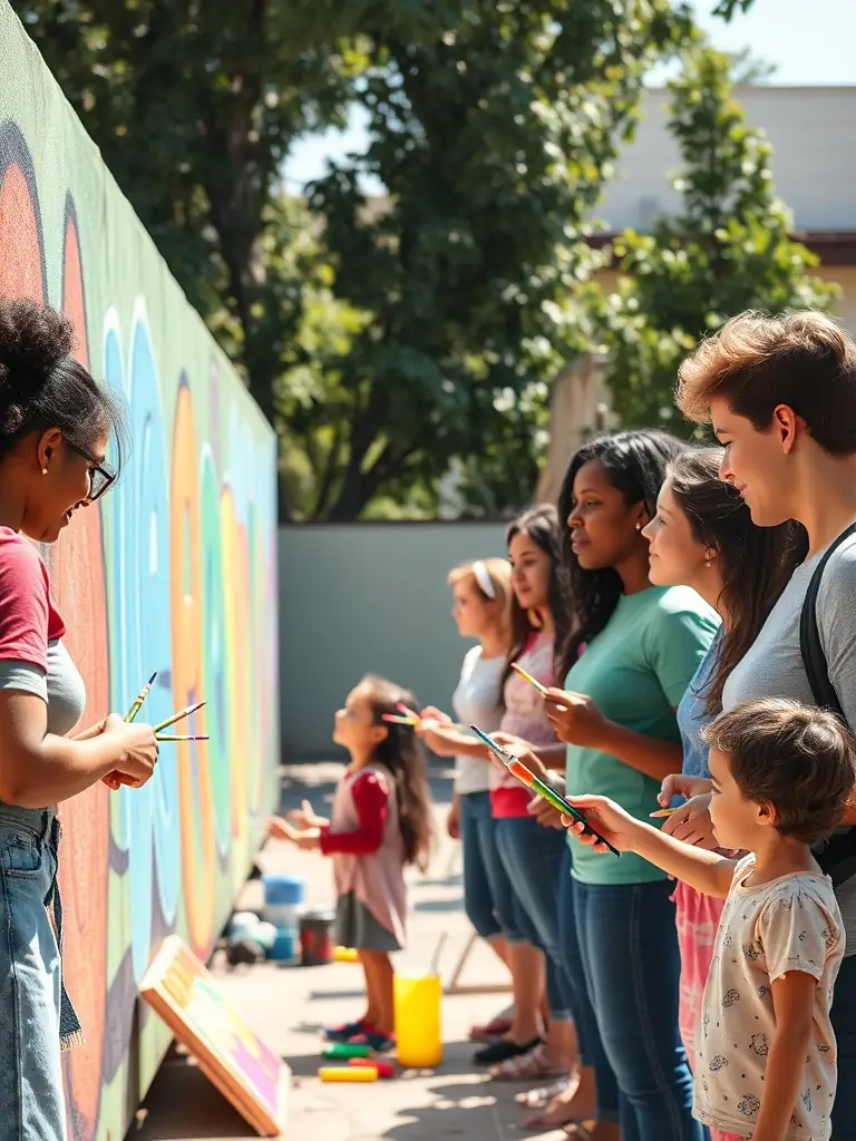 A dynamic image of a street art workshop organized by LE SOUS MARIN, featuring participants of all ages creating colorful murals on a public wall, with instructors providing guidance and encouragement. This image will be used to promote the event and attract participants.